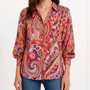 Lafayette 148 Blouse PurpleMulti Paisley Button Up Rouched 3/4 Sleeve Si…